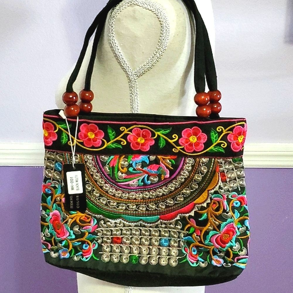Boho Black Canvas Colorful Floral Embroidered Shoulder Bag
